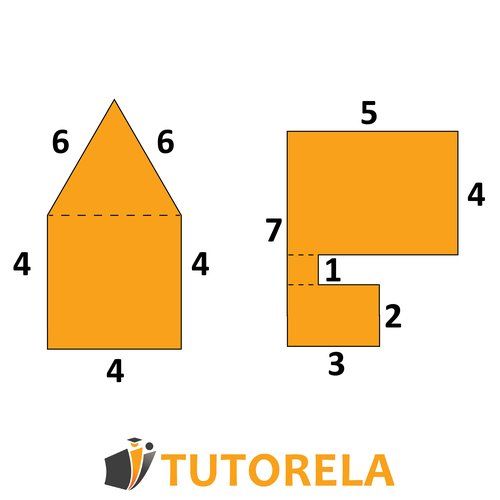 Two composite shapes labeled with side lengths. • Left shape: A &#x27;house-like&#x27; figure formed by a rectangle (4 units wide and 4 units high) with a triangle on top (two equal sides of 6 units, base 4 units). • Right shape: An L-shaped polygon composed of rec