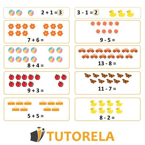 Colorful math worksheet for kids using objects like flowers, cars, and ducks to practice basic addition and subtraction problems with visual counting support.