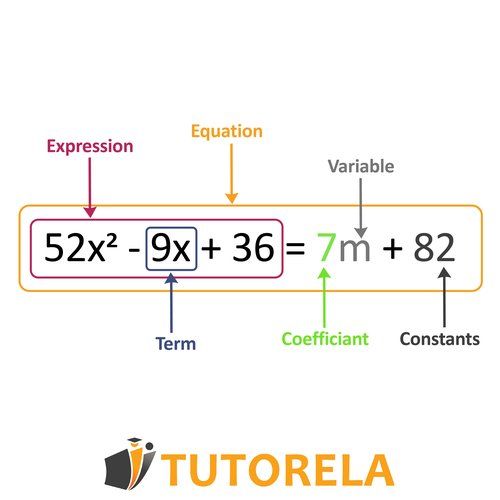 Labeled algebraic equation illustrating parts of an expression: terms, coefficients, variables, constants, and the full equation, using color-coded annotations for clarity.