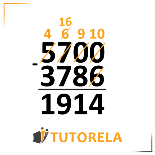 A vertical subtraction problem showing 5700 minus 3786, with borrowing steps annotated as 4, 16, 9, and 10 above the respective digits. The final result is calculated as 1914.