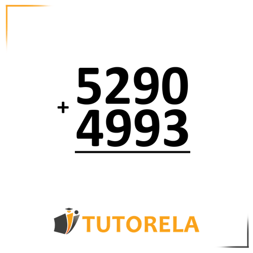 A vertical addition problem displaying two numbers: 5290 on top and 4993 below it, with a plus sign (+) to the left. A horizontal line separates the numbers, indicating where the total result will appear. The Tutorela logo is located at the bottom of the image.