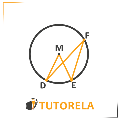 Geometric diagram of a circle labeled with center &#x27;M&#x27; and points D, E, and F on the circumference. The orange lines represent radii and chords, illustrating different segments within the circle. This diagram is useful for understanding circle properties, such as radius, chord, and central angles in geometry.