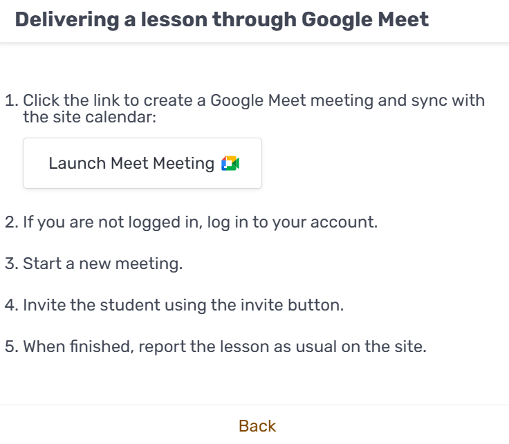 The button appears after you've chosen to teach the lesson through Google Meet. It's important to enter Google Meet thro