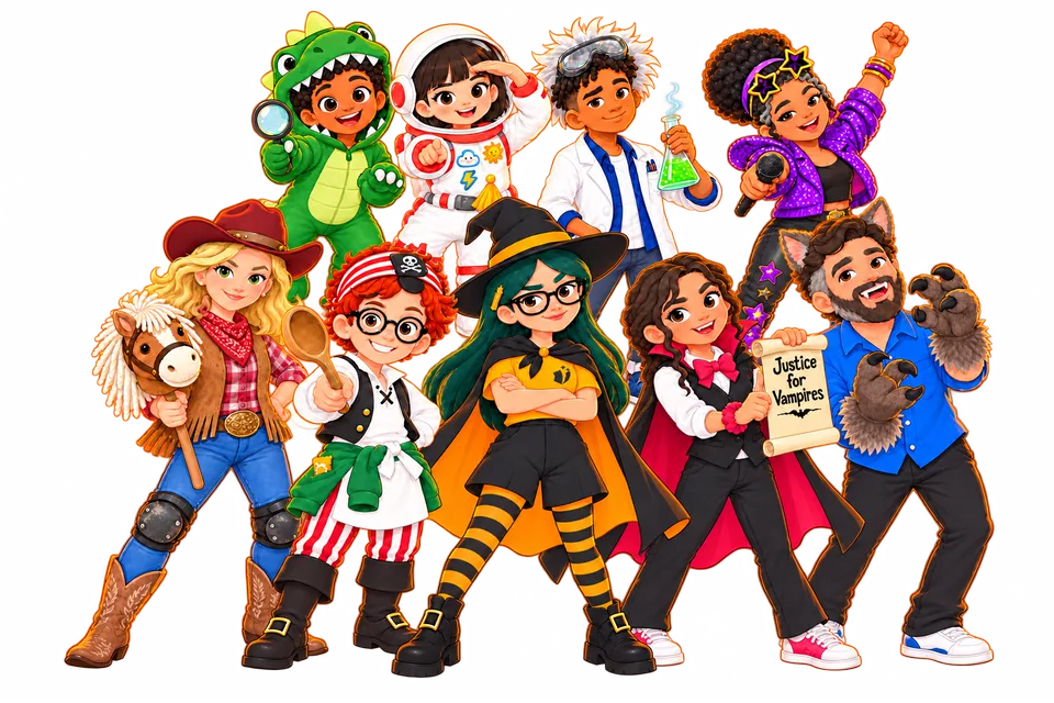 The Tutorela crew in Halloween costumes, gathered behind Ela, ready to challenge you