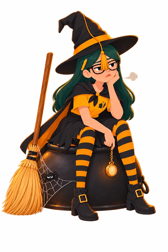 Ela the witch, sitting on her cauldron, bored, waiting for Halloween