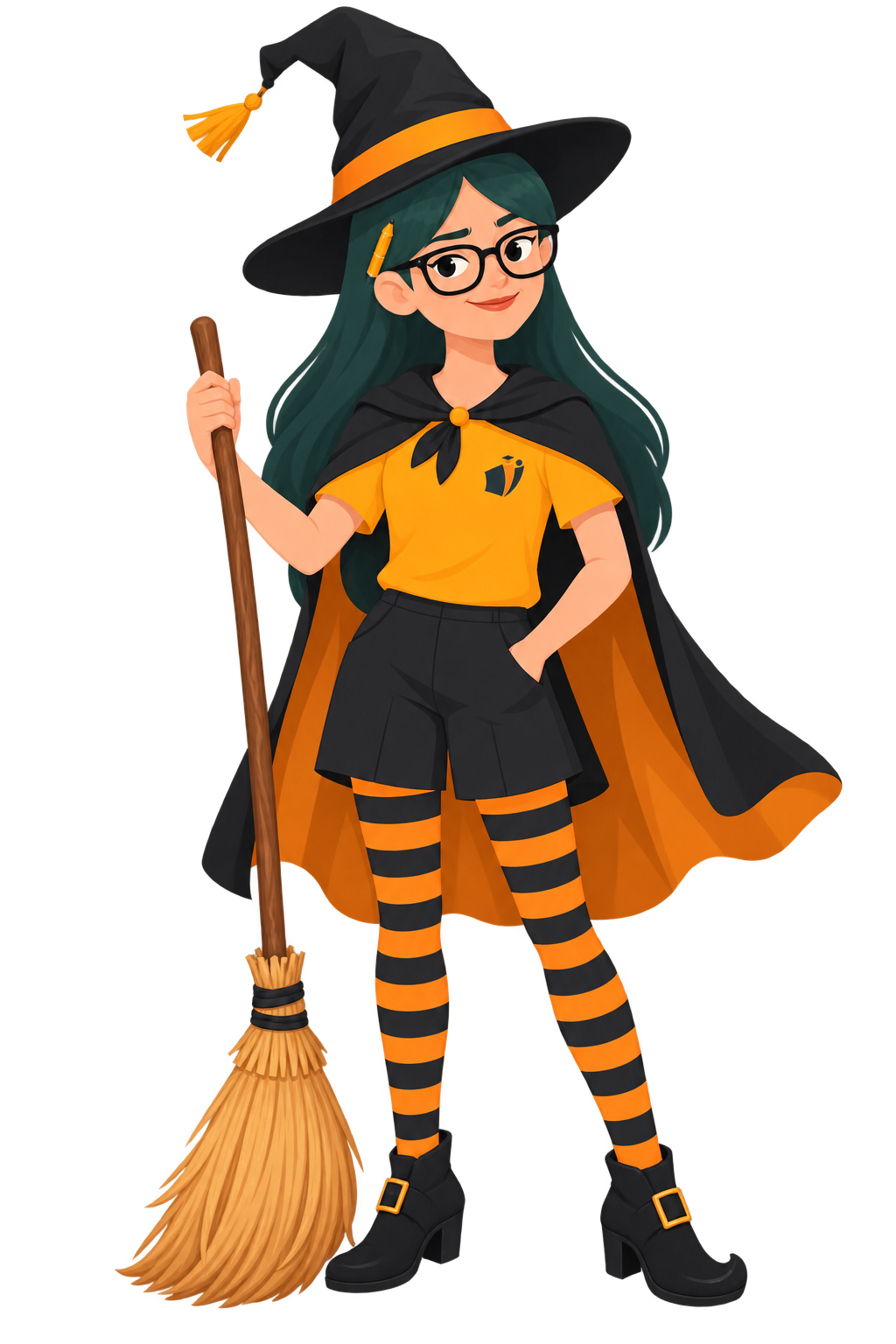 Ela, the Tutorela host, dressed as a witch with a broom