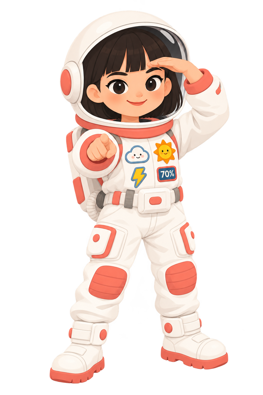 June, age 8, dressed as an astronaut and saluting
