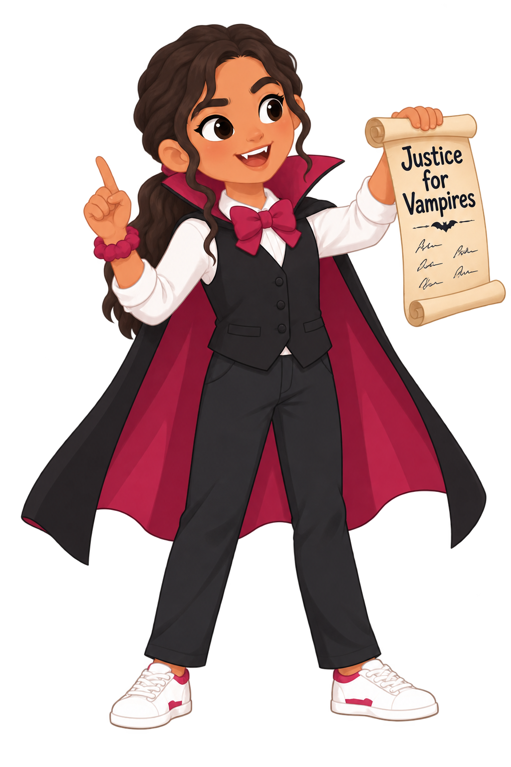 Vale, age 10, dressed as a vampire holding a sign that reads Justice for Vampires