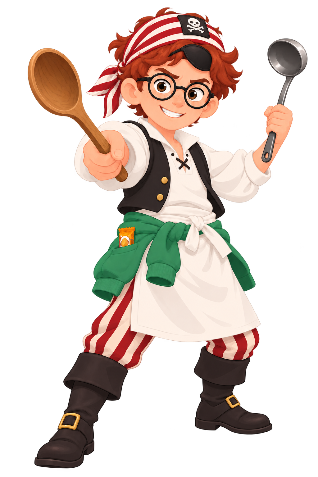 Milo, age 11, dressed as a pirate ship's cook holding a big wooden spoon