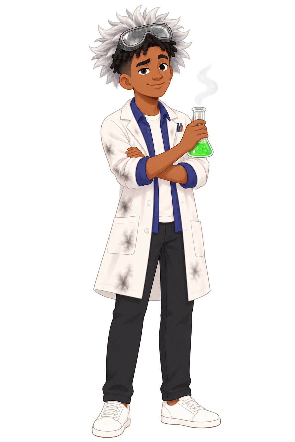 Julian, age 16, dressed as a mad scientist with wild hair and a bubbling flask