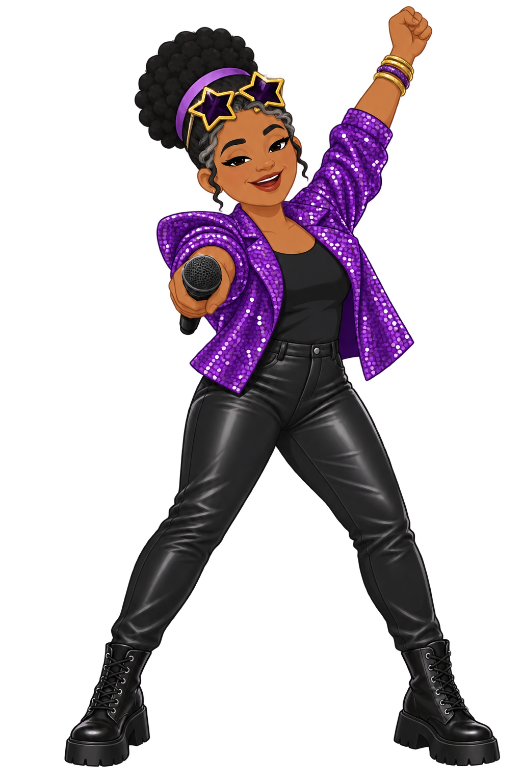Renée, dressed as a rock star in a sparkly purple jacket with a microphone