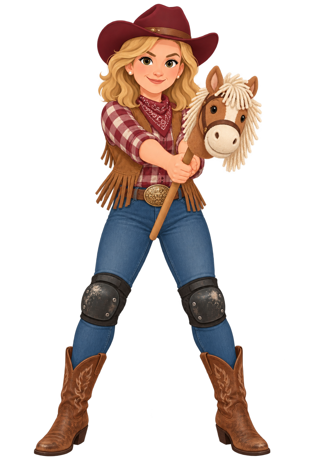 Claire, dressed as a cowgirl riding a toy hobby horse