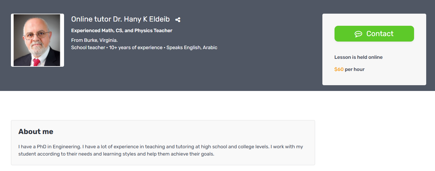 Tutorela tutor profile with the tutor's photo, experience, languages, lesson format and hourly rate