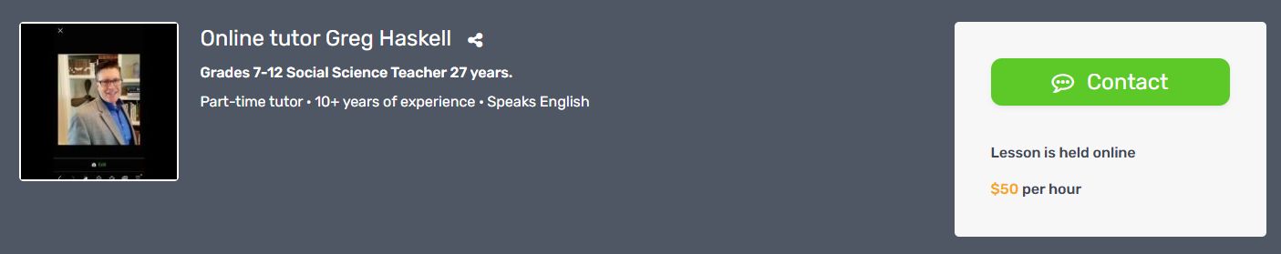 A Tutorela tutor profile showing the hourly rate next to the Contact button