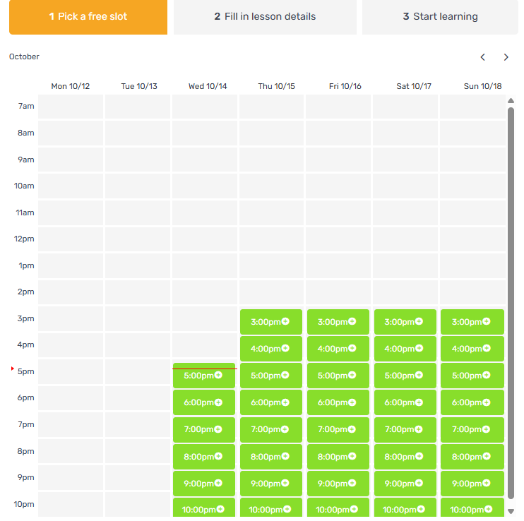 Tutorela booking calendar showing a tutor's open lesson times across one week