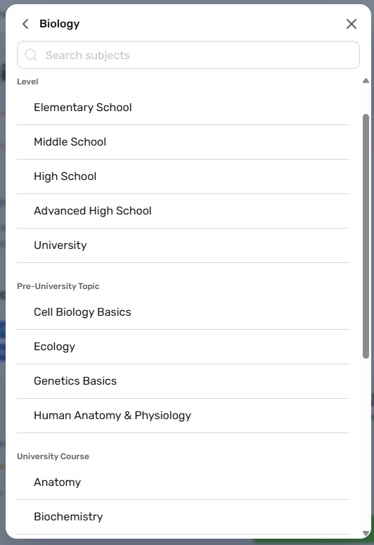 Tutorela's subject window open inside Biology, with levels from Elementary School to University, Pre-University topics such as Cell Biology Basics and Ecology, and University Courses such as Anatomy and Biochemistry