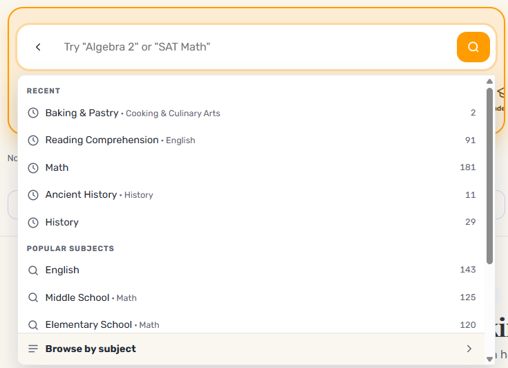 Tutorela homepage search open, showing recent searches such as Baking & Pastry and Ancient History, popular subjects, and the number of available tutors next to each one