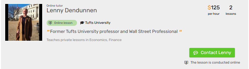A tutor card in Tutorela search results with the hourly rate and a Contact button