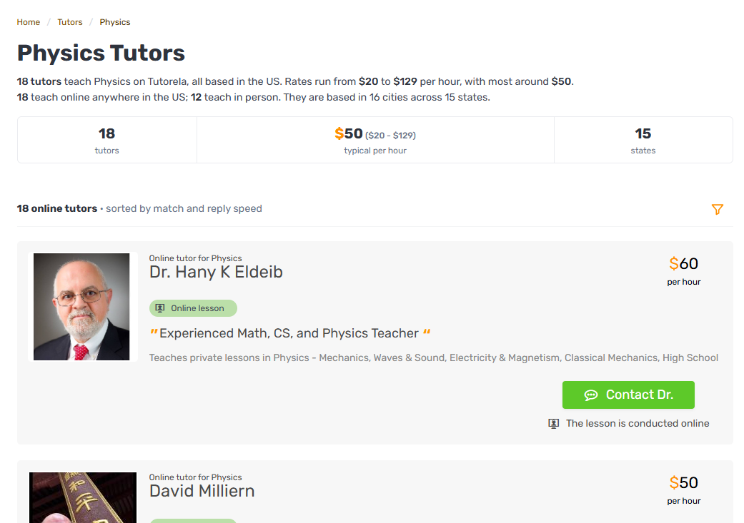 Tutorela physics tutors page listing tutors who teach online, with their hourly rates