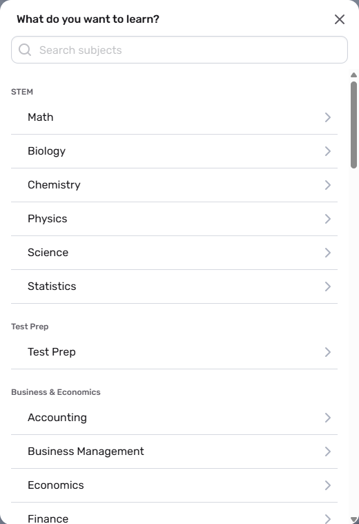 Tutorela's subject search, with subjects grouped into STEM, Test Prep, and Business and Economics