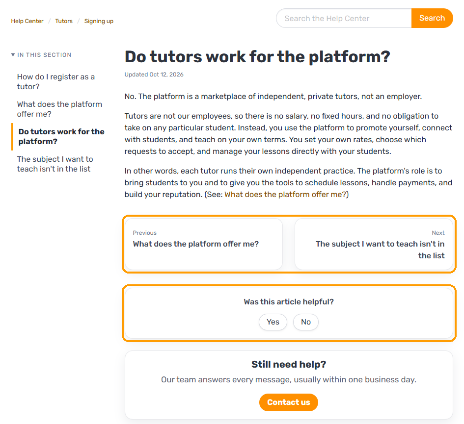 A Tutorela Help Center article with related articles and the Was this article helpful question at the bottom