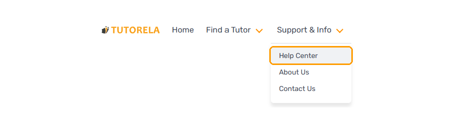 The Support & Info menu on Tutorela, open with the Help Center link showing