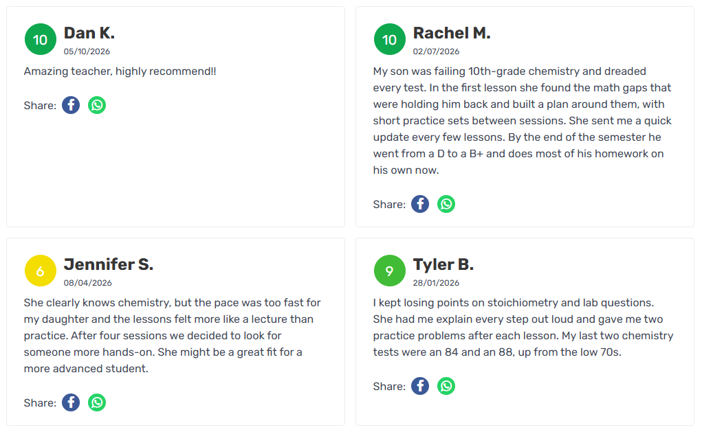 Four example reviews on a Tutorela tutor profile: a short 10-rated review with no details, two detailed reviews describing the teaching method and the student's progress, and a 6-rated review explaining that the pace didn't suit the student