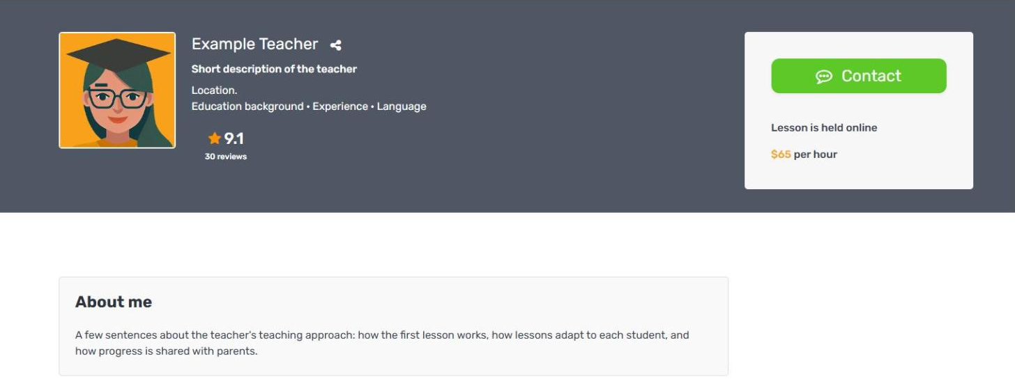 An example Tutorela tutor profile with placeholder text, showing where the headline, education background, experience, rating, number of reviews, hourly rate and About me section appear