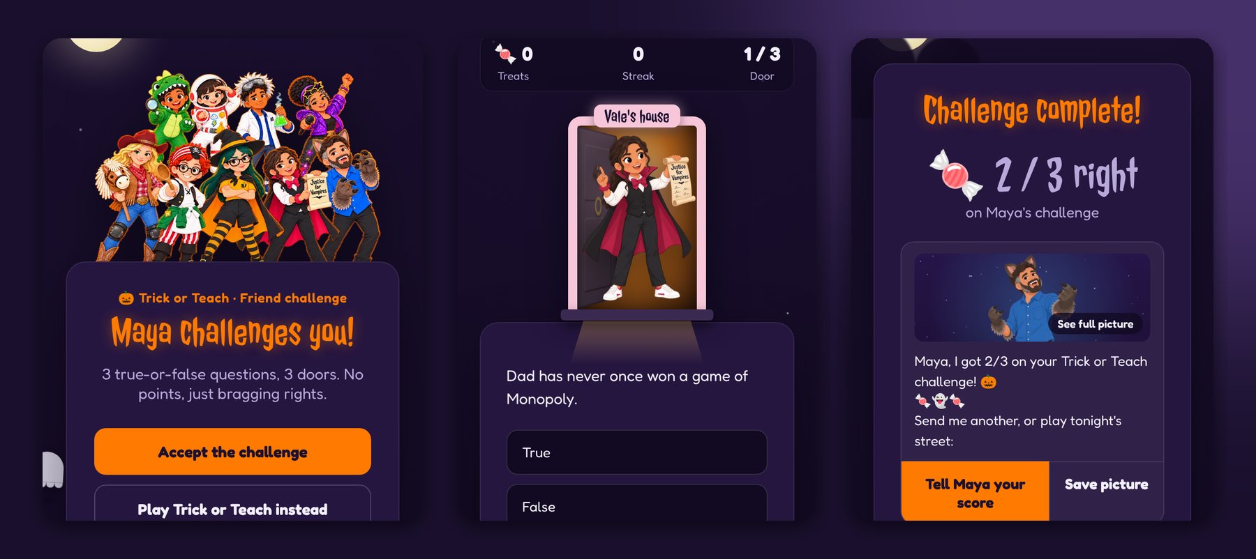 A friend challenge from the other side: the invitation Maya challenges you!, Vale the vampire asking the Monopoly question at her door, and the end screen showing 2 out of 3 right with a button to tell Maya the score