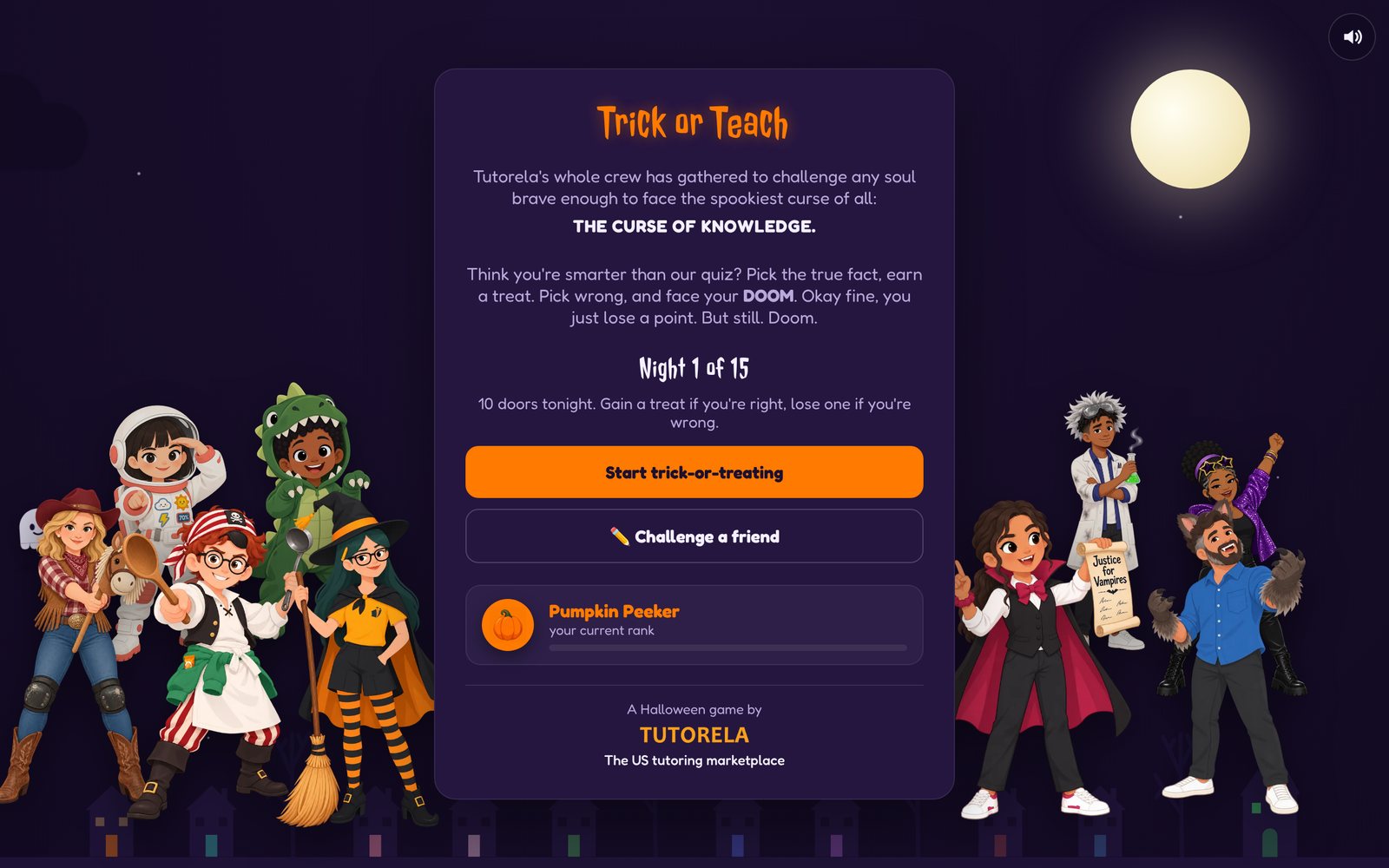 The Trick or Teach start screen: nine Tutorela characters in Halloween costumes stand around a card that reads Night 1 of 15 and Start trick-or-treating