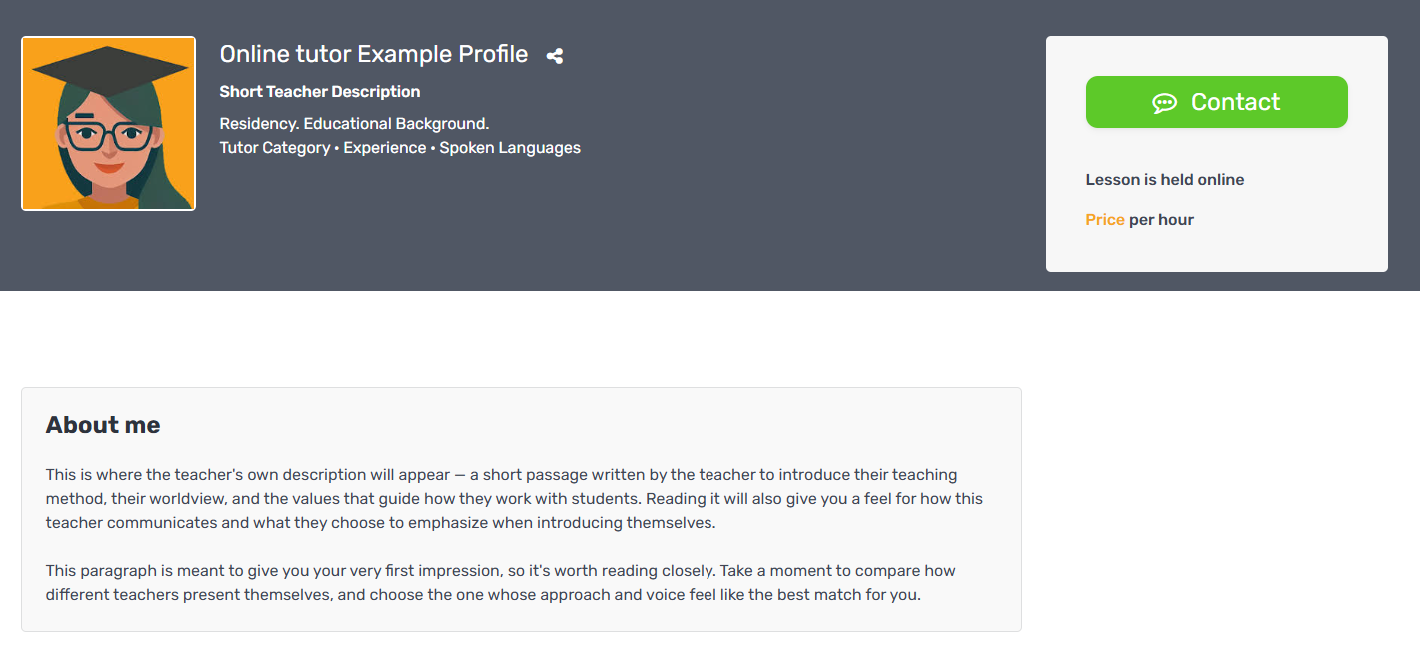 A Tutorela tutor profile showing the tutor's photo, subjects, experience and student reviews